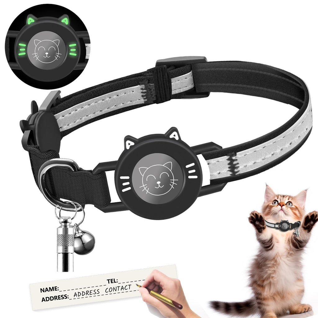 Airtag Cat Collar Large Waterproof Collars, Reflective Integrated Cat Collar with Elastic Band, Cat Collar with Safety Clasp Compatible with Apple Airtag Kitten Puppies Black - PawsPlanet Australia