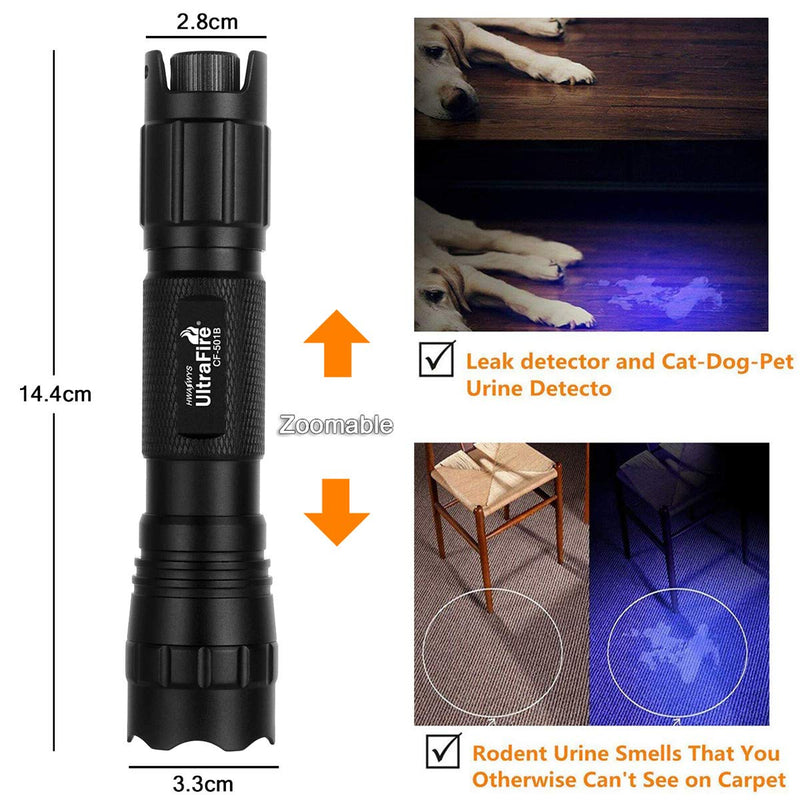 [Australia] - UltraFire 5W UV Flashlight,Infinite Dimming 395-405 nm BlackLight LED Flashlight,Zoomable,With Rechargeable Battery And Charger,For Dog/Cat Urine, Dry Stains, Bed Bugs, Scorpions,A/C Leak Detector 