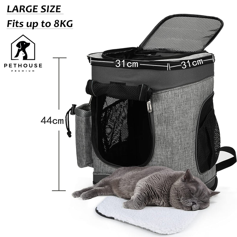 Kato Tirrinia Cat Carrier Backpack, Foldable Pet Carrier Backpack for Small Dogs,Puppy Rucksack Carrier Ventilated Design For Travel Camping Hiking Outdoor Black and Grey With Pockets - PawsPlanet Australia