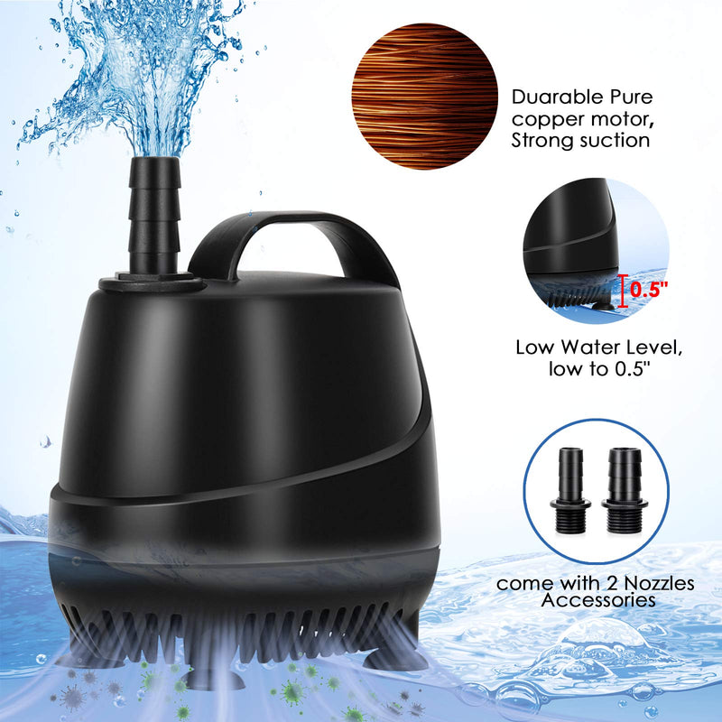 AQQA Submersible Pump,Powerful Small Circulation Water Pump High Lift,260-920GPH Ultra Quiet for Pond,Aquarium,Fish Tank,Fountain,Hydroponics,With Nozzles and Suction Cups (20W 260GPH) 20W 260GPH - PawsPlanet Australia