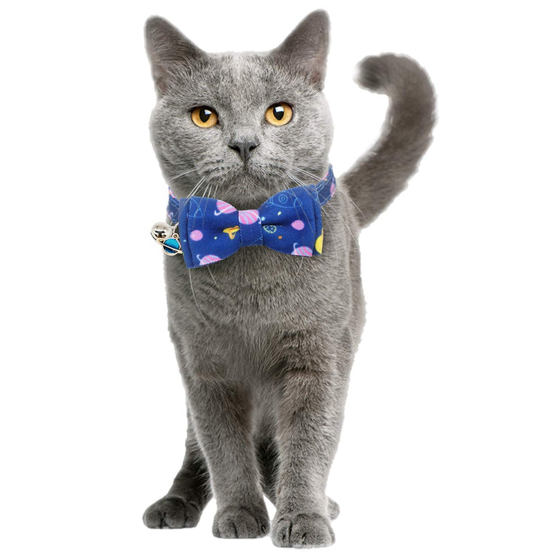 [Australia] - KUDES Cat Collar Breakaway with Cute Bow Tie and Bell Charms, 2 Pack/Set Adjustable Safety Buckle Printed Pet Collars for Kitty Puppies and Other Small Animals Dinosaur & Space 
