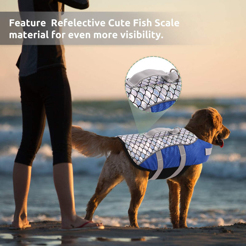 Queenmore Dog Life Jacket High Floatation Pet Life Vest Refelective Cute Fish Scale for Swimming, Boating, Canoeing for Small Medium Dogs X-Small Blue - PawsPlanet Australia