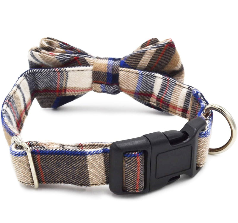 [Australia] - Freezx Dog Collar with Bow Tie - Adjustable 100% Hand Made Cotton Design - Cute Fashion Dog Collars with Bow Ties for Small Medium Large Dogs - Red,Brown,Blue,Green,Yellow Plaid Stripe Pattern S collar length 11.5"- 14.5" Brown 