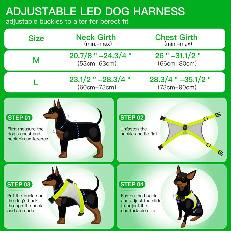 ChalkLit LED Dog Harness, Luminous Rechargeable Illuminated Reflective Dog Harness Glows in the Dark, LED Dog Safety Vest Lights for Night Walks (Green, L) Green - PawsPlanet Australia