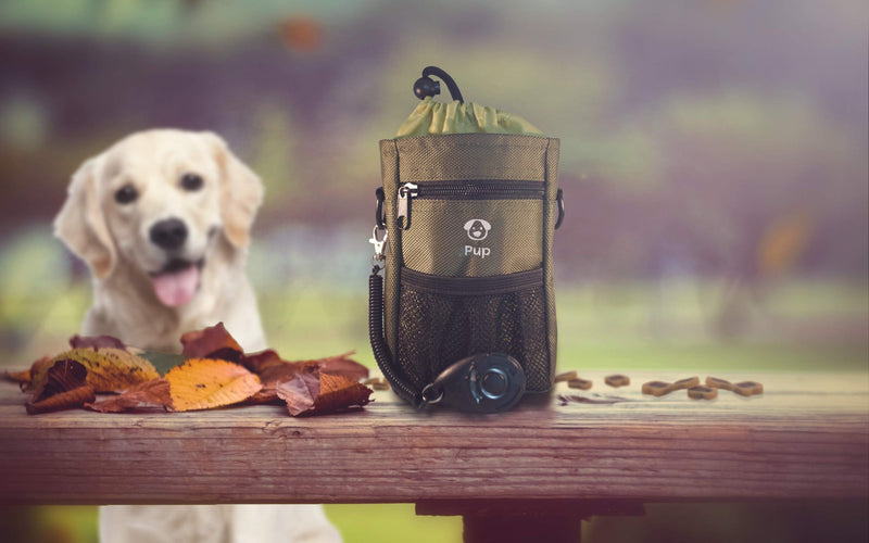 [Australia] - Dog Clicker Treat Walking Training Pouch Bag Bonus Clicker Trainer - Built-in Double Poop Bag Dispenser, Drawstring Closure - Carries Balls, Toys, Treats - 3 Ways to Wear Olive Green 