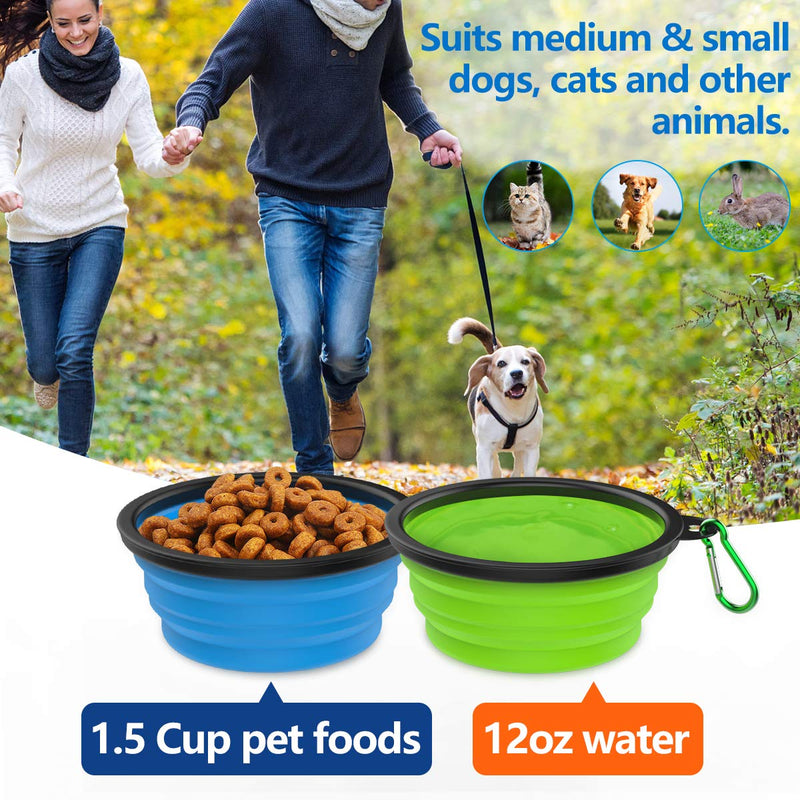 VavoPaw Collapsible Dog Bowl, 2-Pack 450ML Silicone Feeding Watering Travel Bowl for Dog & Cat with Lids, Portable Pet Food Feeder Water Bowl for Travel Camping Walking, Blue + Green 450 ml (Pack of 2) Blue+Green - PawsPlanet Australia