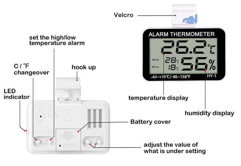 LXSZRPH Reptile Thermometer Hygrometer with High Low Temperature Alarm Digital Temperature Humidity Meter Gauge with Hook for Reptile Tanks, Terrariums, Vivariums, Black 1Pack - PawsPlanet Australia