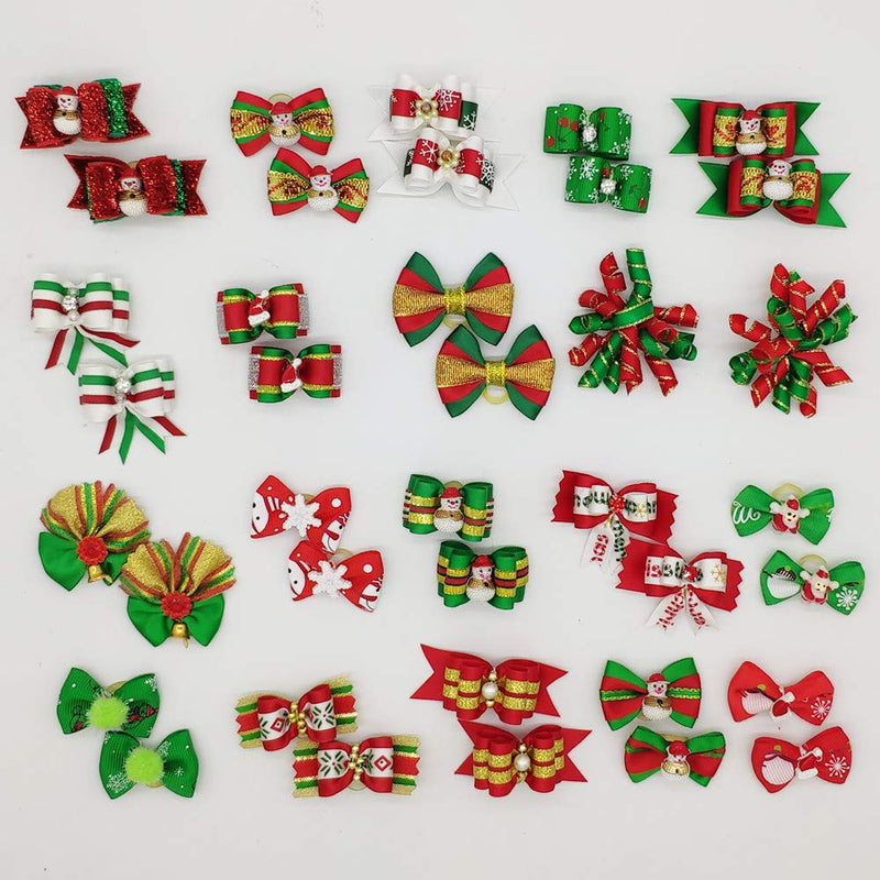 Hixixi 24pcs/12pairs Pet Dog Cat Christmas Designs 3D Hair Bows for Xmas Holidays Puppy Grooming Hair Accessories with Rubber Bands - PawsPlanet Australia