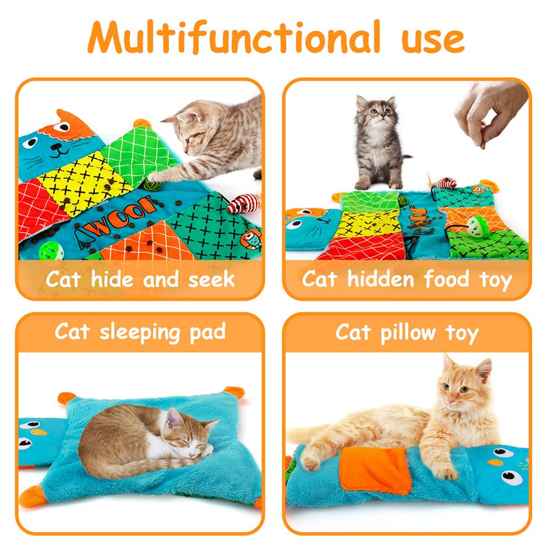 AWOOF Cat Mat, Cute Soft Catnip Mat, Cat Activity Mat Machine Washable Cat Blanket for Small Medium Large Cats with 7 Pockets, Crinkle Paper Self-Warming Kitty Carpet Interactive Catnip Toys - PawsPlanet Australia