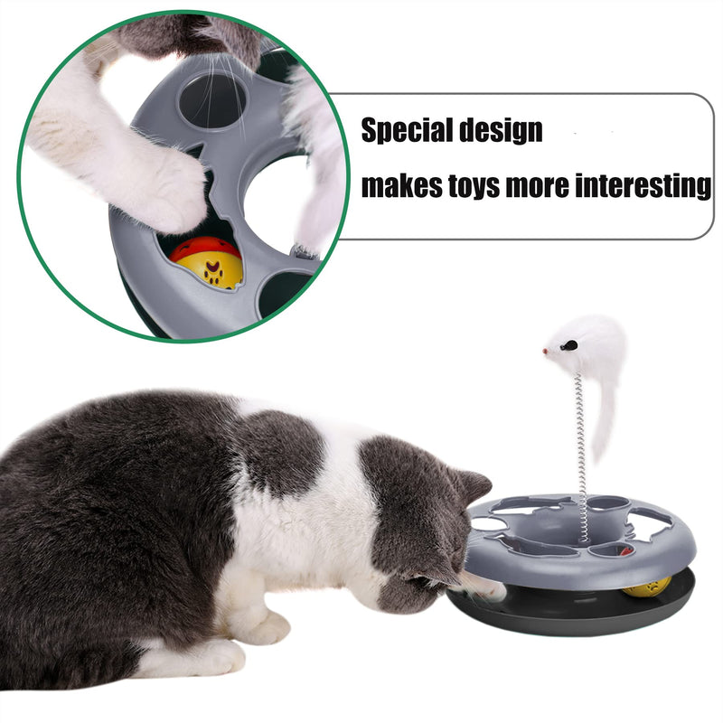 Pawzone Interactive Cat Toy 2-in-1 Cat Toy with Mouse, Cat Rotating Teaser Feather and Ball (Grey) Grey - PawsPlanet Australia