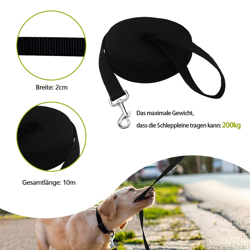 Towing leash for dogs, 10 m robust nylon dog leash, durable training leash with D-carabiner and hand strap for large, medium, small dogs, black - PawsPlanet Australia