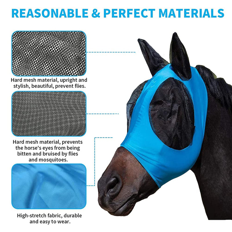 TeTupGa Horse Fly Mask With Ear Anti-Mosquito Anti Fly Soft Mesh Smooth & Elasticity Equine Cover Anti-UV Pony Face Protection (Blue) Blue - PawsPlanet Australia