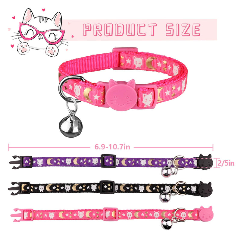 [Australia] - 3 PCS Breakaway Cat Collars with Bell Golden Moon Glowing Cat and Stars in The Dark for Kitten(Purple&Black&Pink) 