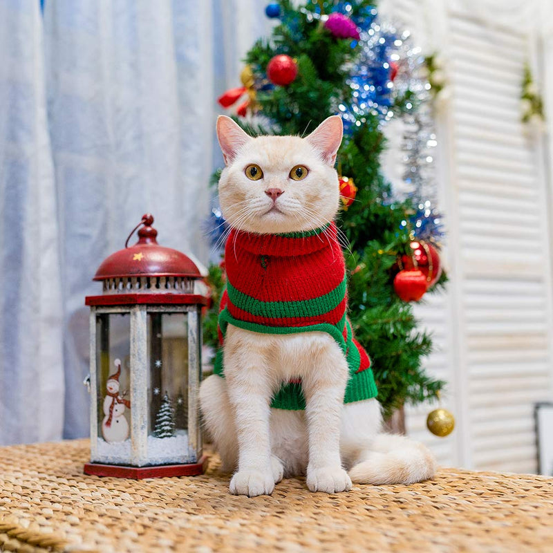 [Australia] - KOOLTAIL Cat Christmas Sweater - Snow Man Stripes Xmas Cats Holiday Sweaters Soft Knit to Keep Warm in Winter Ugly Sweaters Jumpsuits for Cats Small Dogs Pupp S(Chest 9";Neck 11";Back 10") 