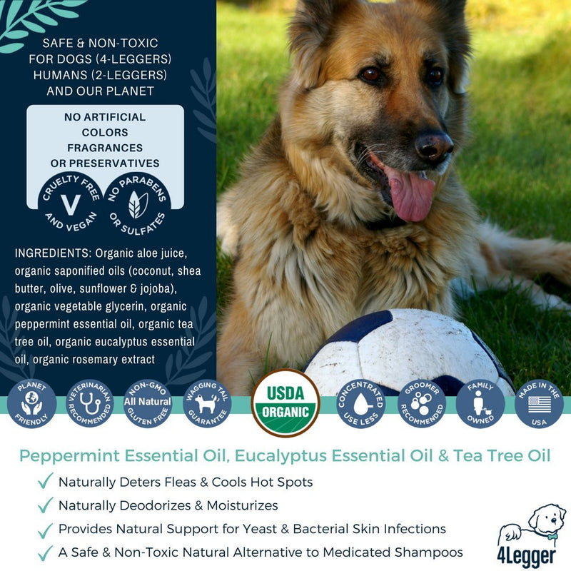 [Australia] - 4Legger All Natural Tea Tree USDA Certified Organic Dog Shampoo with Peppermint - A Natural Holistic Alternative to Medicated Dog Shampoo for Antifungal Antibacterial Itchy Skin Concentrated USA 8 oz 