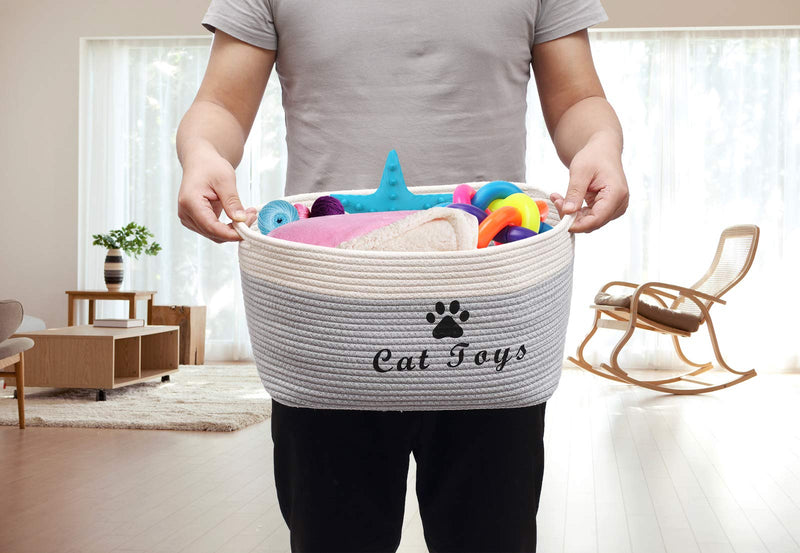 Morezi Soft Rope Dog Toy Basket with Handle, Large Dog bin, pet Bed, pet Toy Box- Perfect for organizing pet Toys, Blankets, leashes Cat Grey+White - PawsPlanet Australia