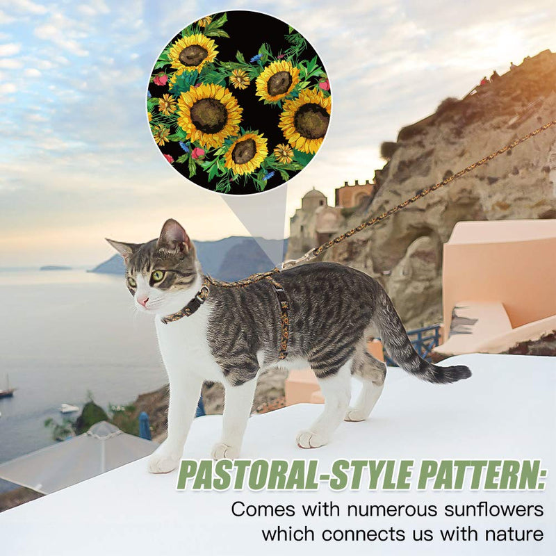 [Australia] - SCIROKKO Cat Harness with Leash Set - Cute Fabric with Sunflower Pattern - Escape Proof and Adjustable for Walking Black 