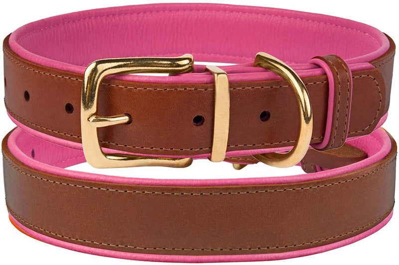 [Australia] - CollarDirect Leather Dog Collar Brass Buckle Soft Padded Puppy Small Medium Large Red Pink Blue Green Orange Purple Yellow Neck Fit 15"-17" 