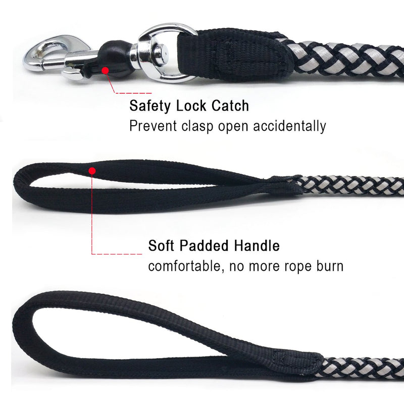 Mycicy Rope Dog Lead - 4/6/10 Foot Reflective Dog Lead - Mountain Climbing Nylon Braided Heavy Duty Dog Training Lead for Large and Medium Small Dogs Walking Leads 6ft * 1/2" Black - PawsPlanet Australia