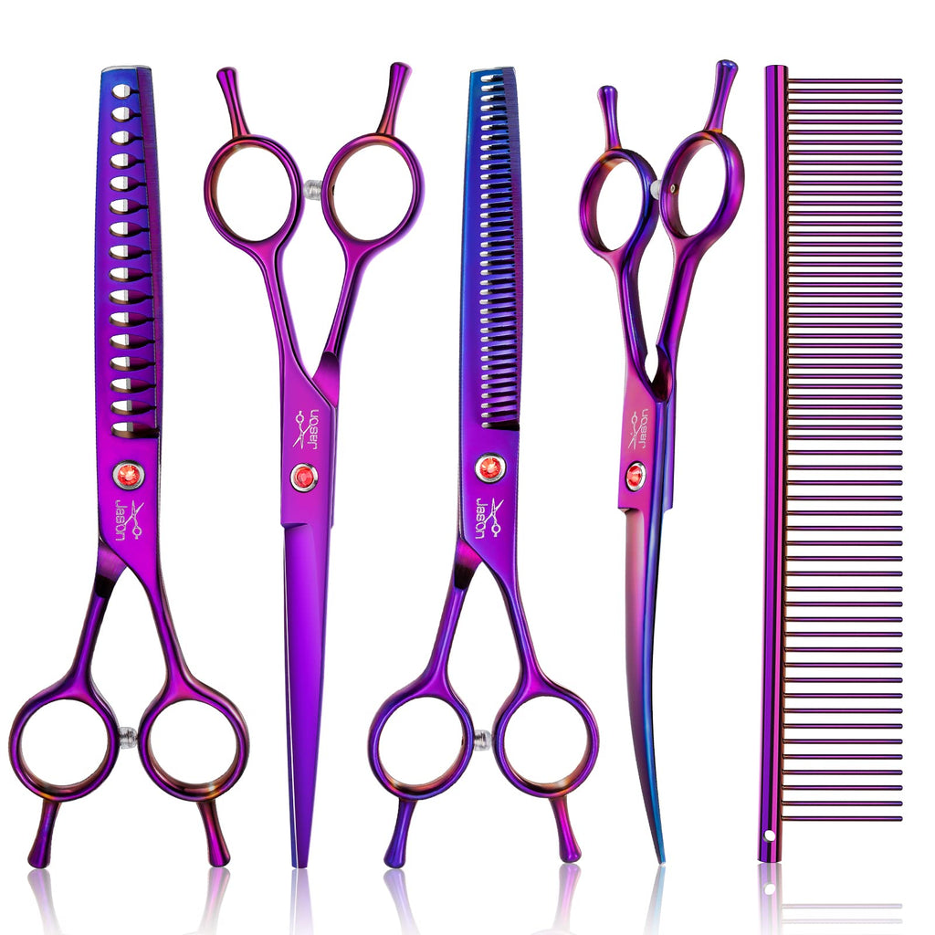 JASON Professional 7.5" Dog Scissors Set 6 in 1 Grooming Scissors Set for Dogs - Straight Curved Dog Scissors 16/36 Teeth Thinning Scissors for Dogs with Ergonomic Handle for Pet Grooming Tl Set - PawsPlanet Australia