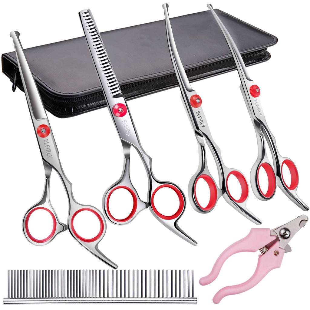 Elfirly Professional Dog Grooming Scissors Kit Stainless Steel Round Tip Cutting Thinning Curved Scissors Combing Pet Hair Trimming Scissors Set with Extra Dog Nail Clippers for Dogs and Cats Red - PawsPlanet Australia