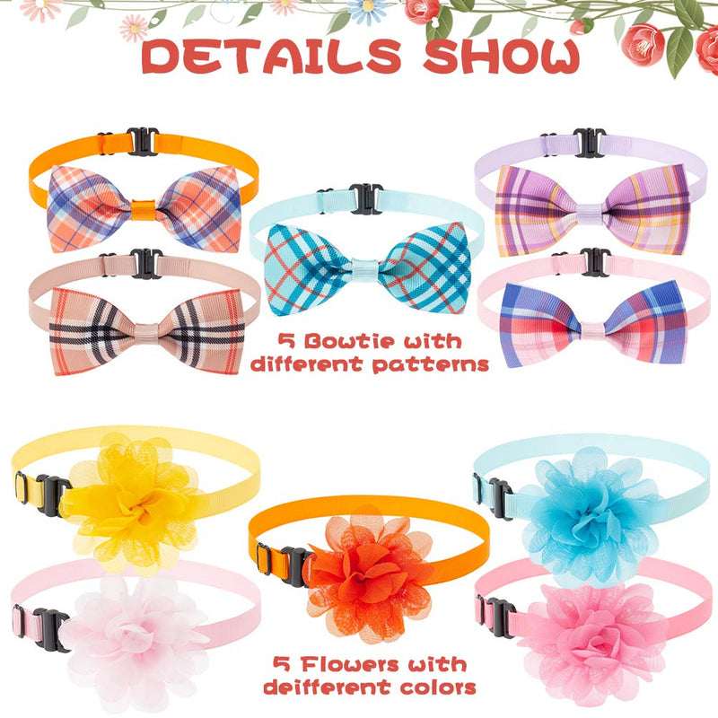 KOOLTAIL Cat Bowtie Collar Flower Charms Accessories 10 Pcs - Adjustable Cute Kitten Collars with Detachable Flower and Bowtie Suitable for Cats KittenSmall Dogs Puppy - PawsPlanet Australia