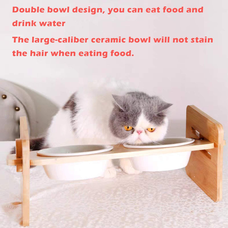 Adjustable Bamboo Raised Pet Bowl for Cats and Small Dogs, Elevated Feeder Stand with 2 Ceramic Bowls and Anti Slip Feet, Great Gift for Your Pet 5.5 x 5.5 x 14.2 inch - PawsPlanet Australia