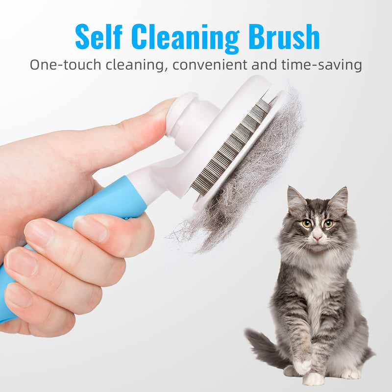 SUNNEKO Self Cleaning Cat Shedding Brush for Medium and Long Haired Cats, Cat Slicker Hair Brush for Grooming, DeShedding, Massage while Removing Hair, with a Stainless Steel Comb, Blue Blue-Self Cleaning Slicker Brushe - PawsPlanet Australia