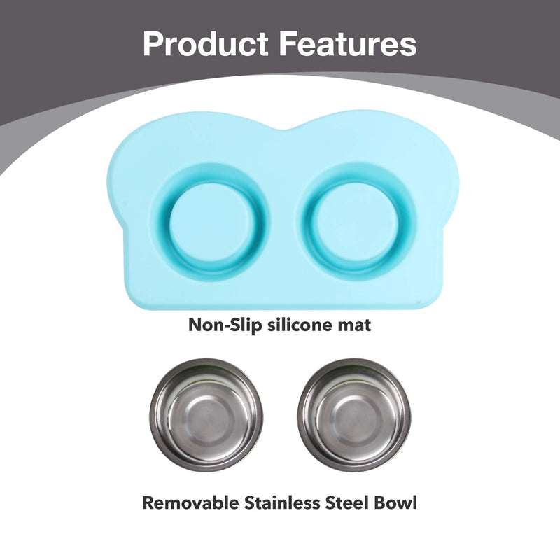 [Australia] - Pet Food and Water Bowls with 2 Stainless Steel Bowl & No Spill Non-Skid Silicone Mat Dog Double Feeding Bowl (350ml x 2) Blue 