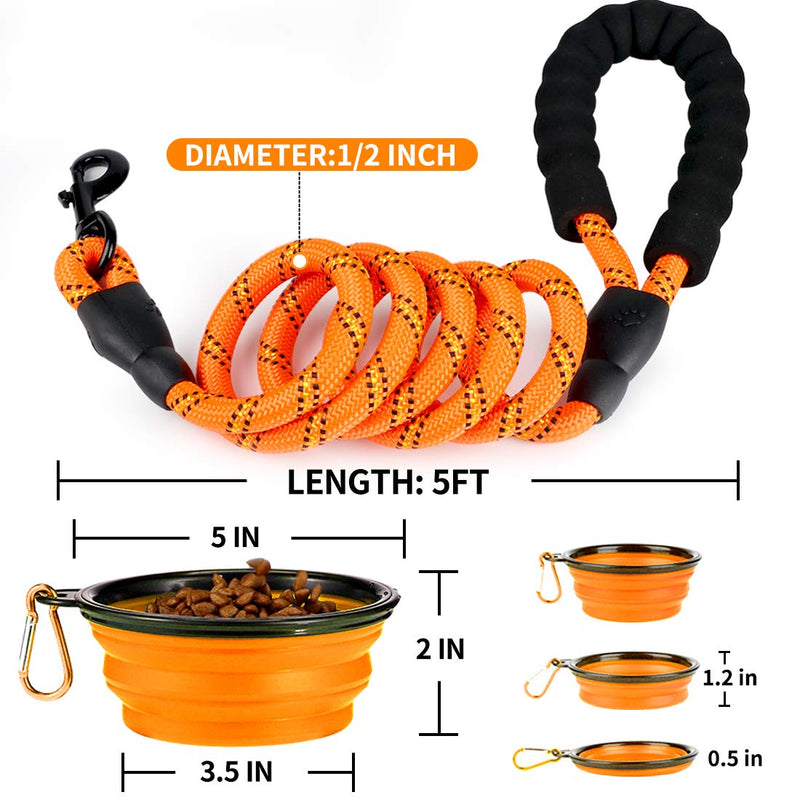 [Australia] - COOYOO - 2 Pack Dog Leash 5 FT Heavy Duty Radiant Colors, Reflective Rope - Padded Handle - Reflective Dog Leash for Medium Large Dogs with Collapsible Pet Bowl Set 4-Black+Orange 