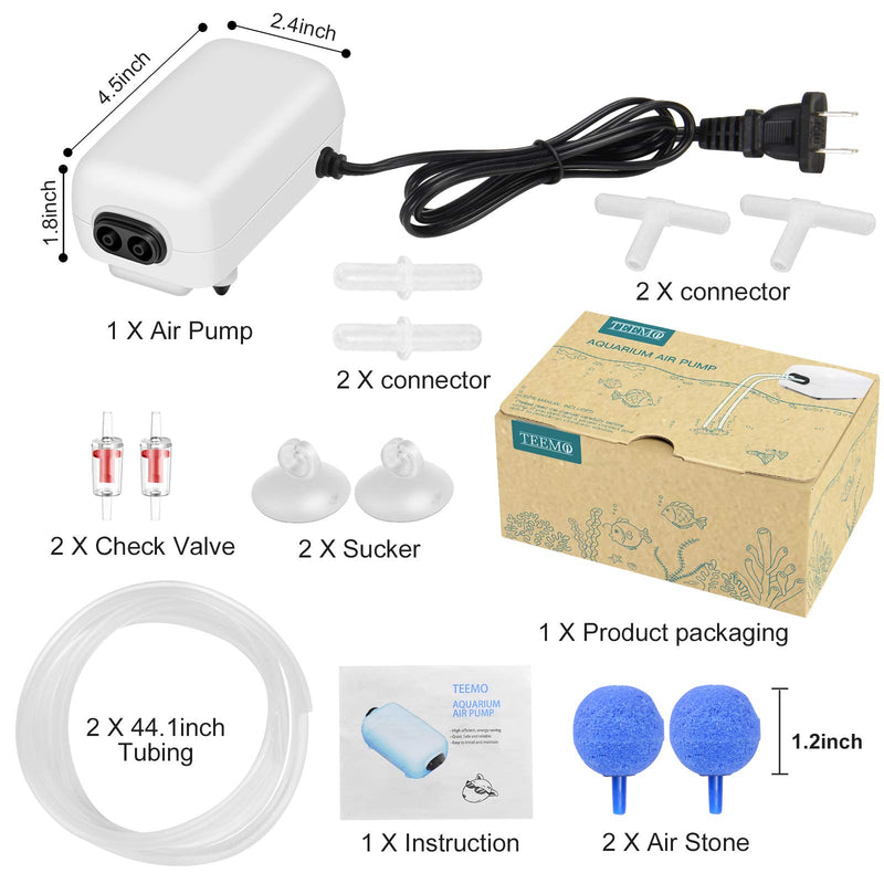 TEEMO Quiet Aquarium Air Pump 3 Watt with Dual Outlet and Other Accessories , Adjustable Oxygen Pump for 15-60 Gallon Fish Tank - PawsPlanet Australia