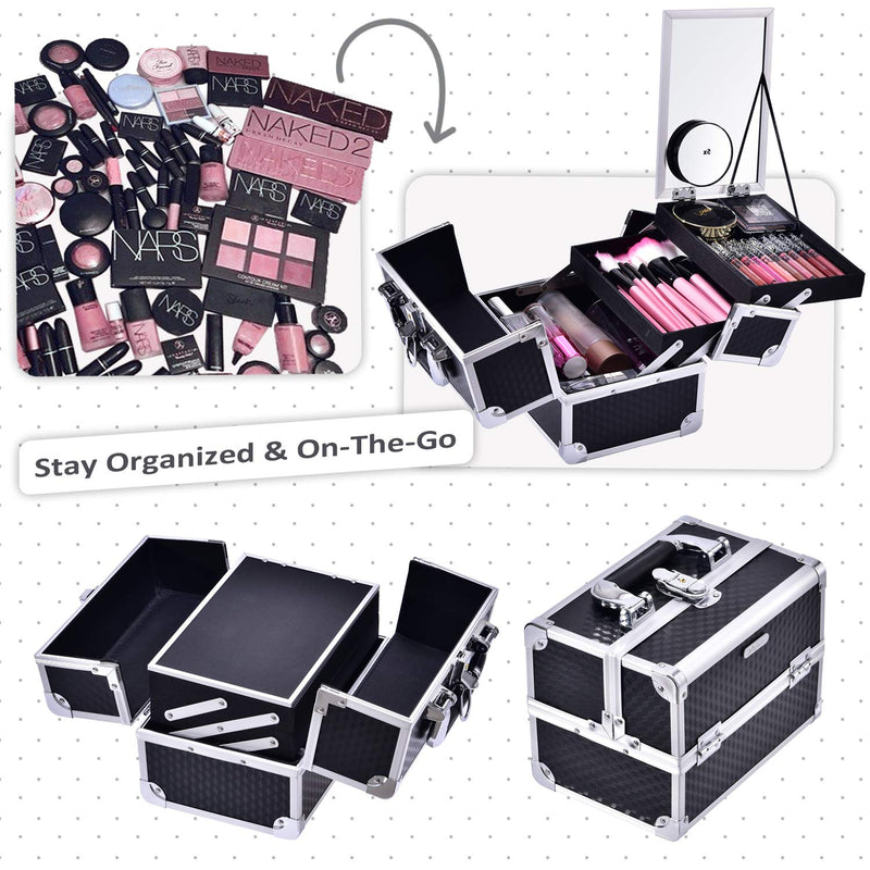 Joligrace Makeup Box Vanity Case Cosmetic Organiser Case Beauty Box with Mirror and Magnification(5X) Spot Mirror, Black - PawsPlanet Australia
