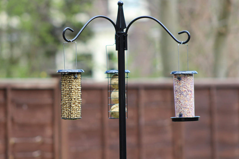Honeyfields 78486097 Large Wild Bird Feeder Pole Station with triple hooks & INCLUDES 3 hanging feeders for peanuts, seed, sunflower, fat balls, Black, 18.0 cm*50.0 cm*9.5 cm - PawsPlanet Australia