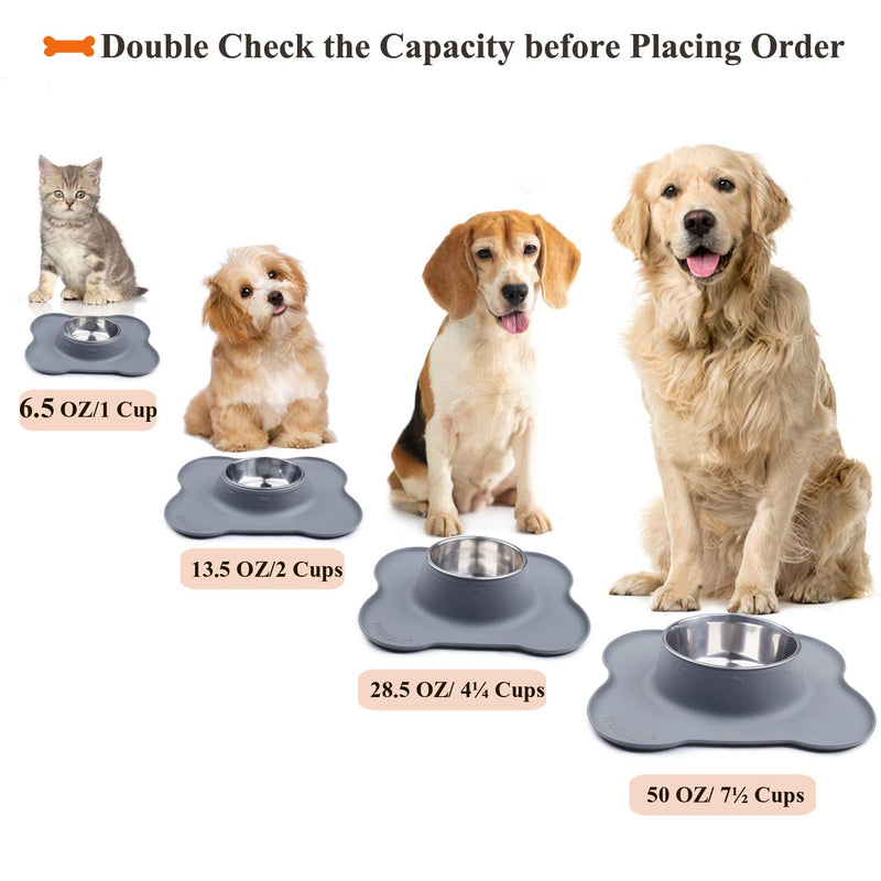 VIVAGLORY Medium Dog Bowls Set, 2 Pack Puppy Bowls with Non Spill Silicone Mat and Food Grade Stainless Steel Water and Food Feeding Bowl for Kitty Puppy Cat Dog, Grey 850ml each - PawsPlanet Australia