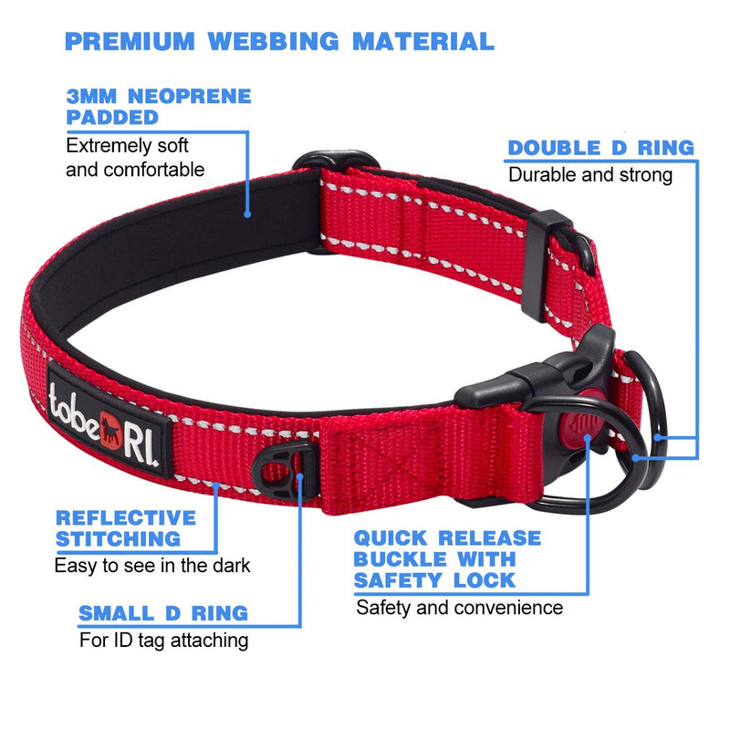 [Australia] - tobeDRI Comfortable Dog Collar Padded with Soft Neoprene Reflective and Adjustable Dog Collars for Large Medium Small Dogs (2 Pack) Collar+Leash S-Neck 11.5'' - 16.5'' RED/BLK 2 PACK 