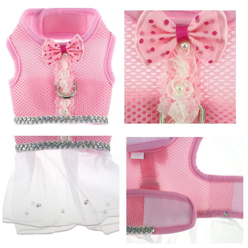 [Australia] - CheeseandU Dog Cat Spring Summer Mesh Vest Harness with Pet Summer Hat Set Pet Cute Walking Harness with Bowtie and White Lace Short Skirt Pearls Decor Match Leash for Small Dog Cat Rabbit, Pink L 