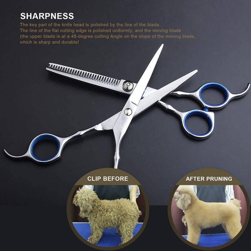 SEKAYISORE 6 Pcs Dog Grooming Scissors Set, Professional Pet Hair Trimmer Tool, 6.7 Inch Stainless Steel Curved Cutting Scissors, Thinning Shear, Comb and 2 Partition Clips Multi Kit for Dogs Cats - PawsPlanet Australia