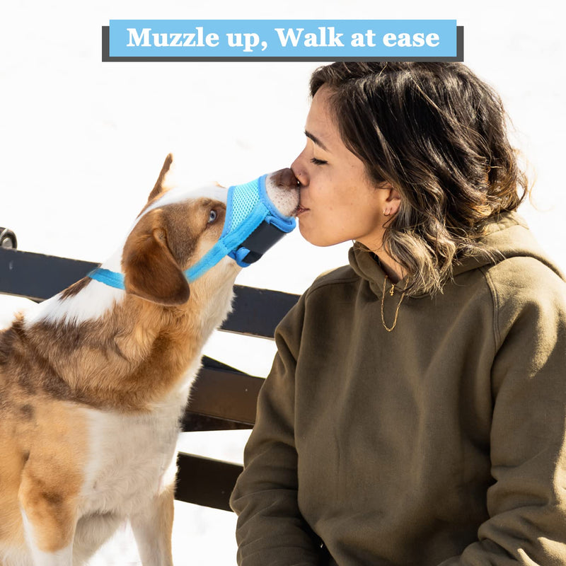 LUCKYPAW Dog Muzzle Anti Biting Barking and Chewing, with Comfortable Mesh Soft Fabric and Adjustable Strap, Suitable for Small, Medium and Large Dogs XS(Snout:3.5-4.7in) Blue (Matching Trim) - PawsPlanet Australia