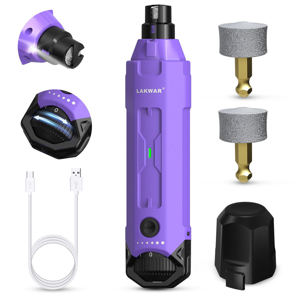 LAKWAR Upgraded 6 Speed Dog Nail Grinder with 2 LED Lights, Quiet Painless Powerful Pet Nail Trimmer for Dogs, Electric Nail File for Cats and Large Small Purple - PawsPlanet Australia