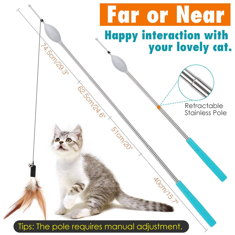 [Australia] - VavoPaw Cat Teaser Play Wand, Retractable Interactive Cat Toys Rod, One-Button for Automatic Rise & Fall, Funny Cat Kitty Kitten Play Wand Toys with 3 Different Flying Natural Feathers Bells 