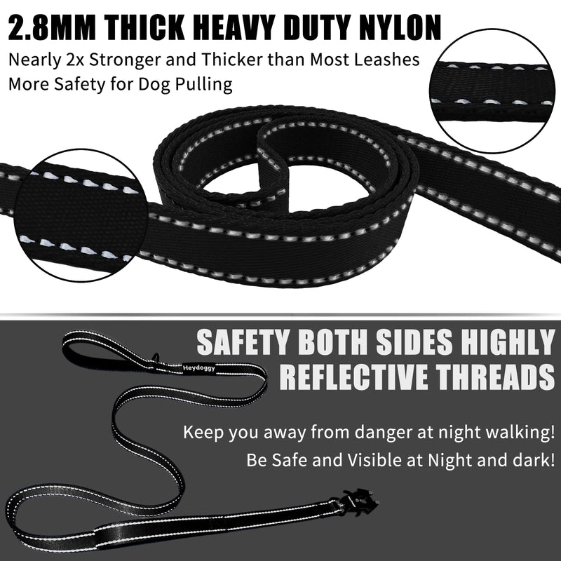 Strong Heavy Duty Dog Lead - 6ft Reflective Nylon Dog Training Leads with Padded Double Handle & Auto Lock Frog Clip, Safety Traffic Dog Leash for Large Medium Small Dogs Anti Pull Walking Black 6FT x 1" x 2.8MM - PawsPlanet Australia