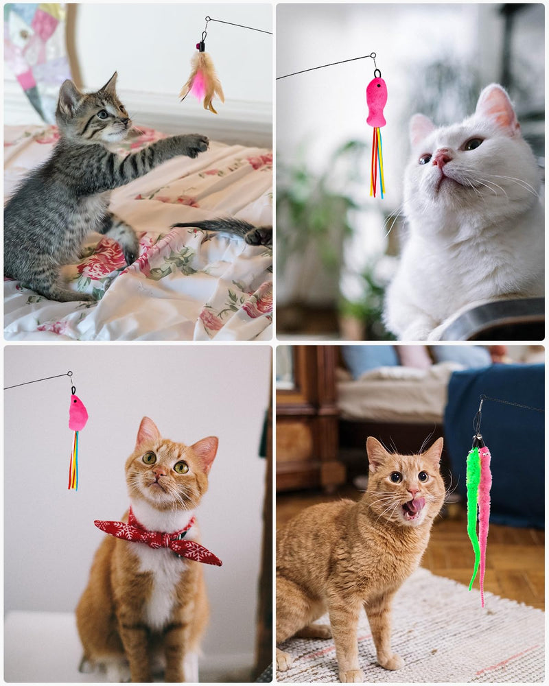 LEAZZLE cat toy, 16 pieces cat toy with feathers, cat toy with 2 retractable interactive cat fishing rods and 14 pieces feather/bug/mouse replacement with bells - PawsPlanet Australia