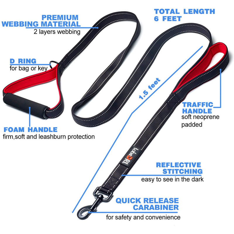 [Australia] - tobeDRI Heavy Duty Dog Leash - 2 Padded Handles, 6 feet Long - Dog Training Walking Leashes for Medium Large Dogs Black 