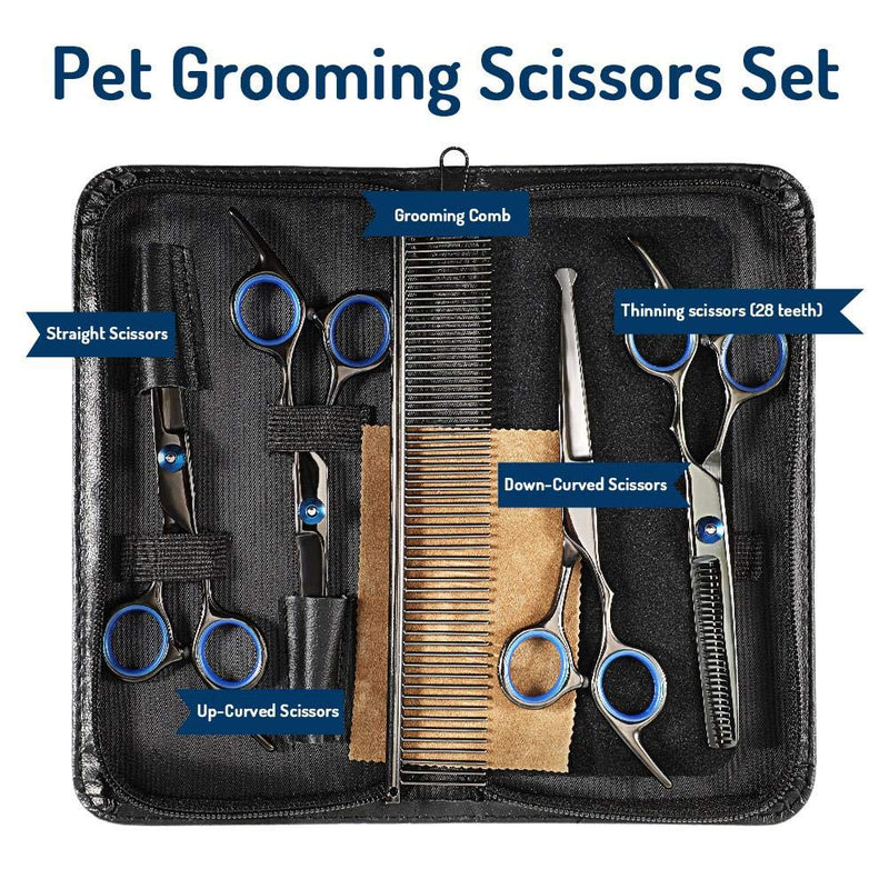 Oumefar 5 in 1 Stainless Steel Pet Trimmer Kit Dog Grooming Scissors Set Hairdressing Shears Set with Round Tip for Cutting - PawsPlanet Australia