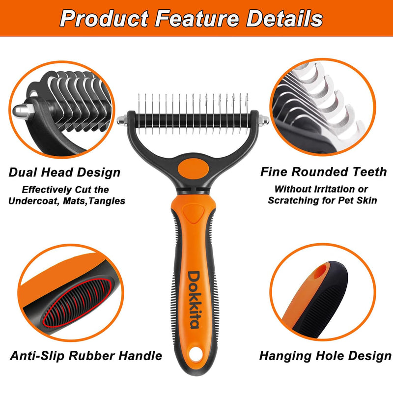 Dokkita dog brush cat brush undercoat long hair short hair, undercoat brush 17+9 rake side, undercoat comb removes undercoat and matting, fur brush with massage effect & top hair protection orange - PawsPlanet Australia