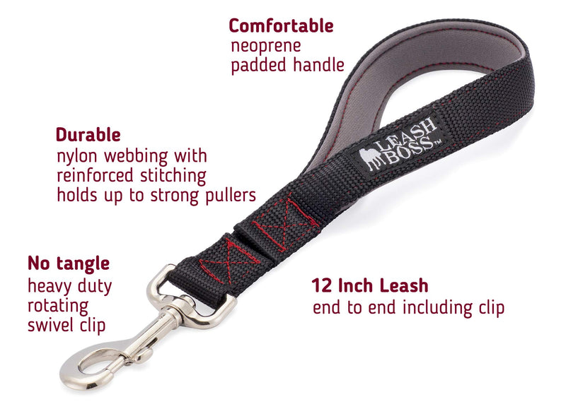 [Australia] - Leashboss Short Dog Leash with Padded Handle - 12, 18, 24 and 30 Inch Leads for Large Dogs - 1 Inch Nylon 12 Inch Black/Red/Grey 