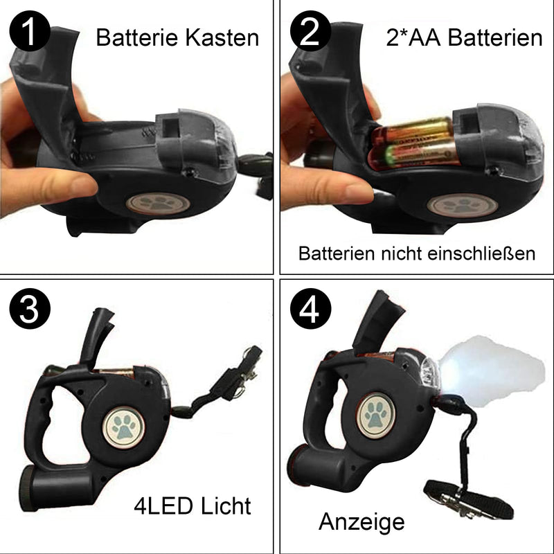 Dog leash, 5m retractable leash for dogs, with LED flashlight, 360° knot-free extended leash with bag dispenser for large and medium-sized dogs up to 25 kg weight - PawsPlanet Australia