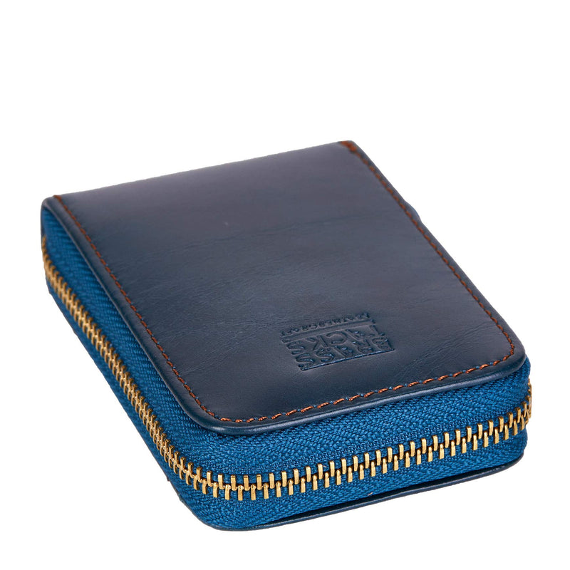 BRASS TACKS Leathercraft Vintage Craft Full Leather Front Pocket Wallet RFID Blocker Wallet Multi Card Slots Zipper Men Women Shipped with Box M Navy Blue - PawsPlanet Australia