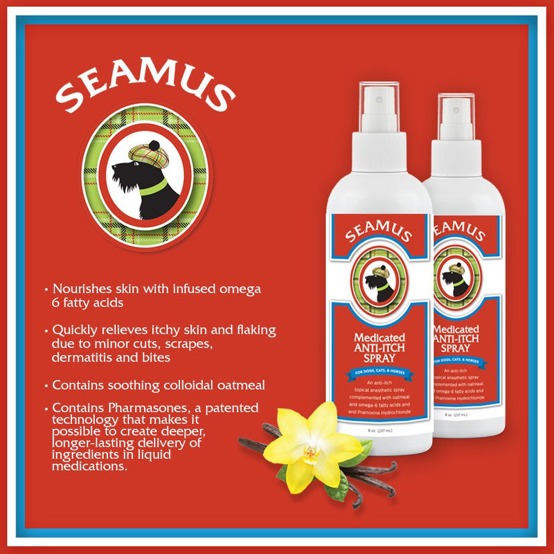 Seamus Medicated Anti Itch Spray for Dogs, Cats and Horses –Veterinarian Formula Itch Relief for Dermatitis, Dry Skin, Allergies, Minor Cuts with PRAMOXINE, Omega-6 Fatty ACIDS and COLLOIDAL Oatmeal - PawsPlanet Australia