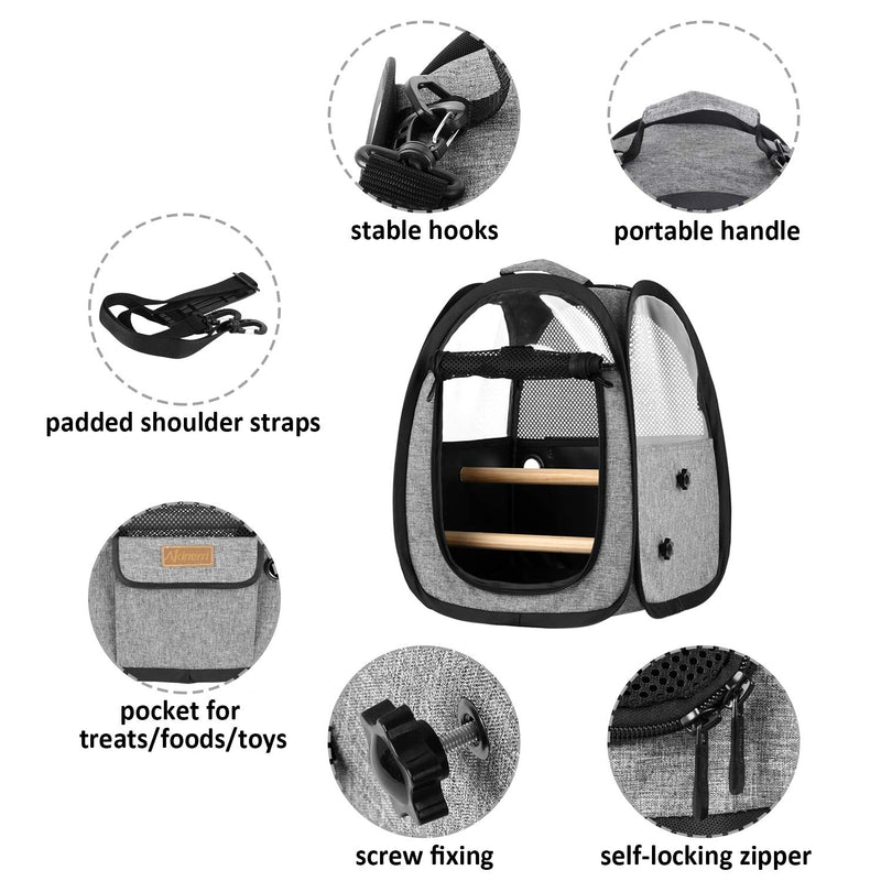 Akinerri Birds Travel Carrier, Small Bird Travel Bag, Transparent Breathable Travel Cage Bird Parrot Carrier, Include Perch and Bottom Tray Gray - PawsPlanet Australia